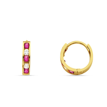 14K Yellow Gold 10mm Round Pink CZ & Cubic Zirconia Huggie Hoop Earrings Wholesale
